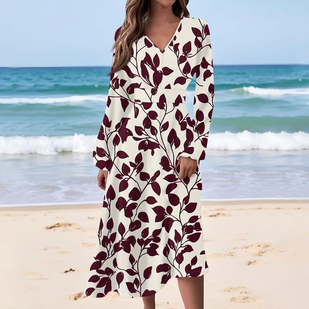 Women's Casual Fashion Floral Print V-neck Long Sleeve Waist Long Dress