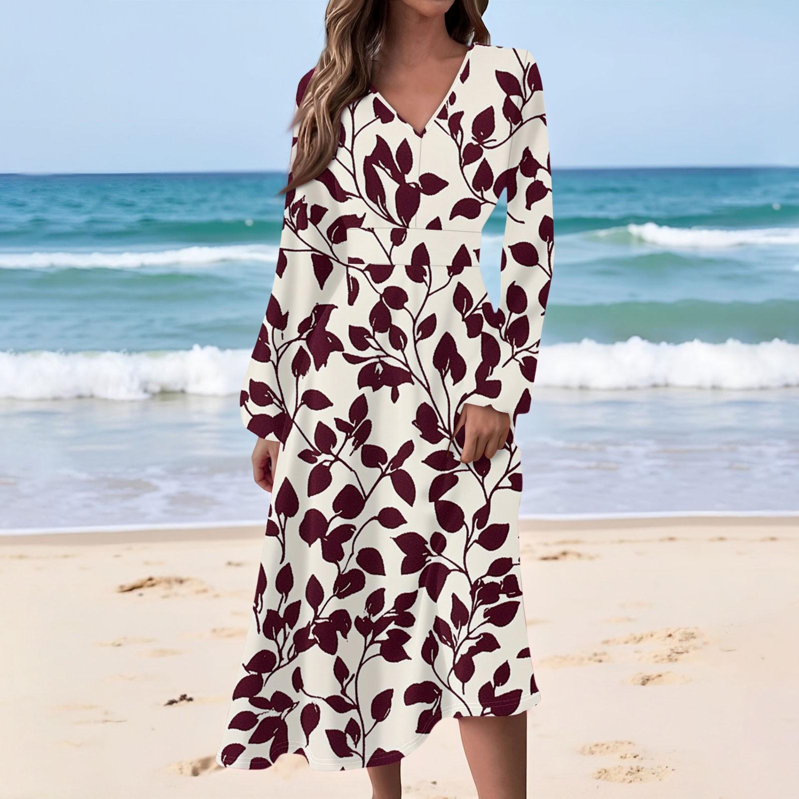 

Жіноча Повсякденна Мода Квітковий Принт V-подібний Виріз Довгий Рукав Талія Довга Сукня XXL винний