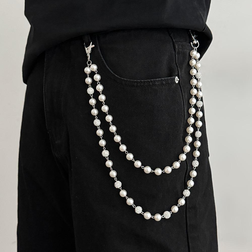 

Fashion Double Layer Pants Chain Hip Hop Gift Rhinestone Beaded Keychain Imitation Pearl Trouser Jeans Chain Men