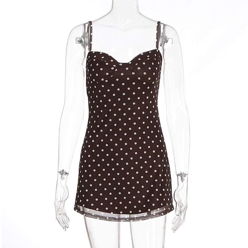 Women's clothing, summer new sexy suspender V-neck mesh stitching spotted fashion dress