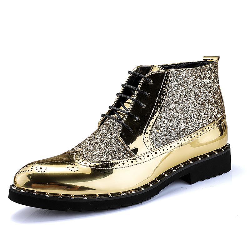 Fashion Designer Luxury Metal Pointed Toe Fashion Men Boots Rivet Sequins Leather Lace Up High Heels Ankle Boots Male Party Dress Shoes
