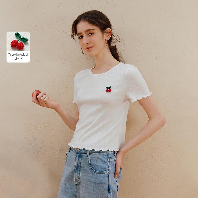 INMAN Ruffle Trim 3D Fruit Slim Fit Short Sleeve T-Shirt L