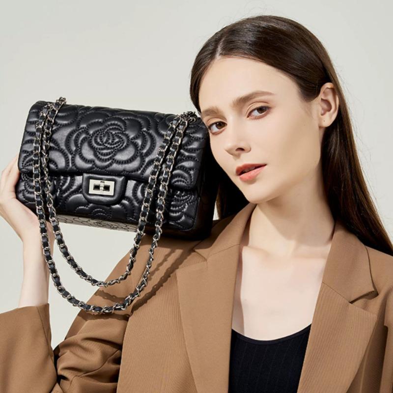 New leather small square bag camellia pattern first layer sheepskin texture chain crossbody women's bag