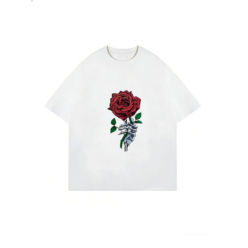 White T Shirt With Skeleton Hand Holding Red Rose Print For Casual Wear