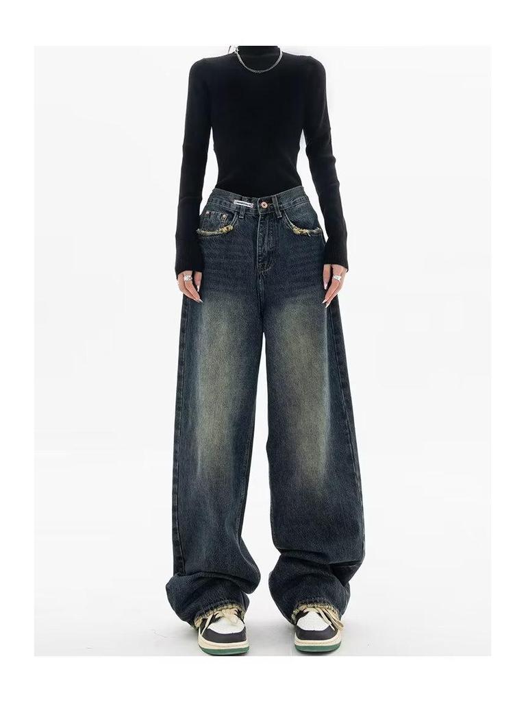 Women's High-Waist Retro Straight Jeans - Spring/Autumn 2025, Plus Size, Floor-Length, Wide Leg, Slimming Fit