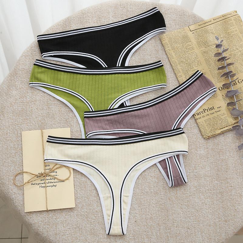 Women's Underwear Sexy Thong Striped Waistband Pure Cotton Crotch T Pants Female Charm Low Waist Thread Panties