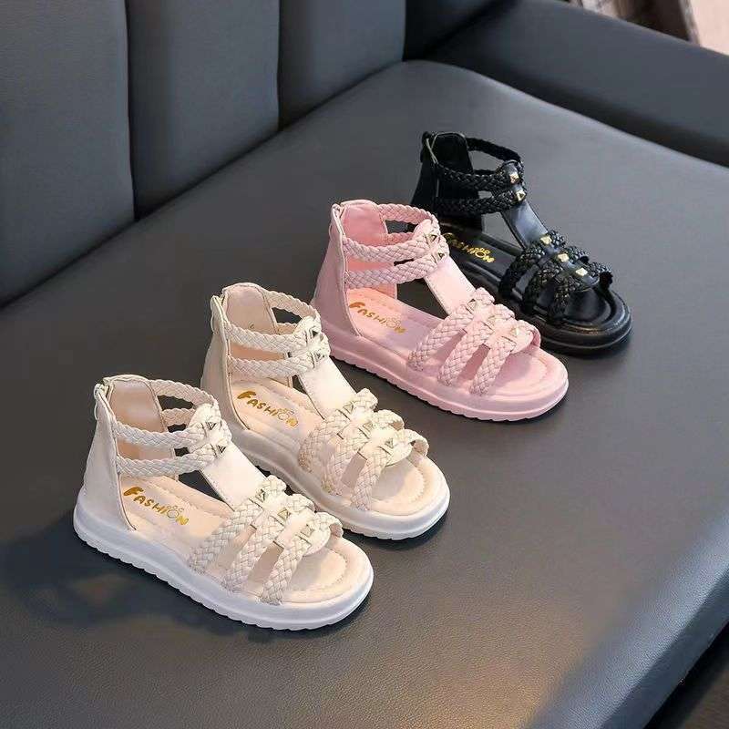 Girls sandals 2025 new summer woven little girl baby princess roman shoes soft-soled open-toed children's sandals