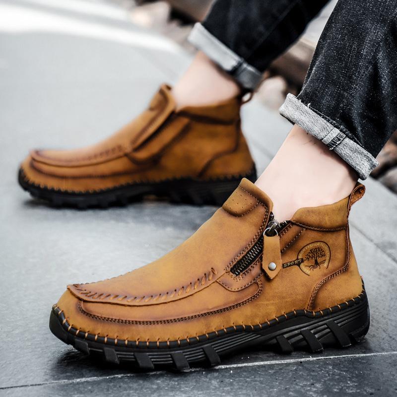 Spot autumn and winter large size hand-stitched microfiber Martin boots casual cotton medium top men's shoes