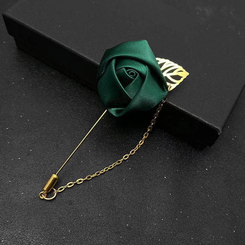 

1 шт. Высококачественная лента Мужская роза Цветок Золотой лист Модная брошь-булавка Лацкан мужского костюма Свадебная бутоньерка Брошь Ювелирные изделия зелёный