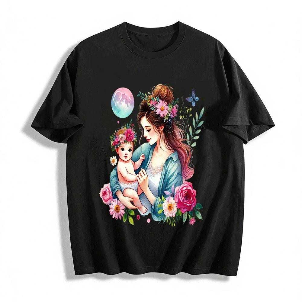 Floral Print Mother And Baby Themed Casual Adult Top Pure cotton T-shirt XXS