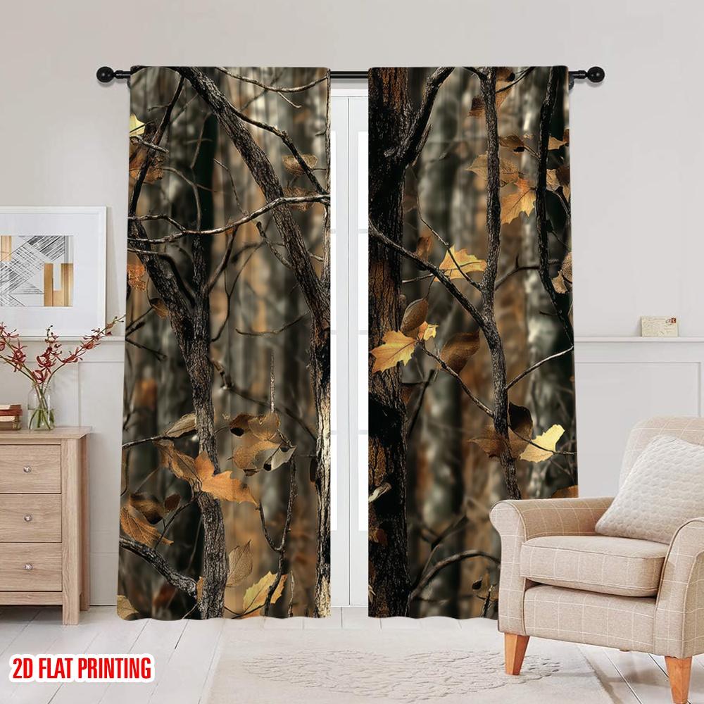 Set Of 2 Flat Printing Drapes Camo Tree Versatile Polyester Without Electricity Birthday Party Perfect Apartment Curtain