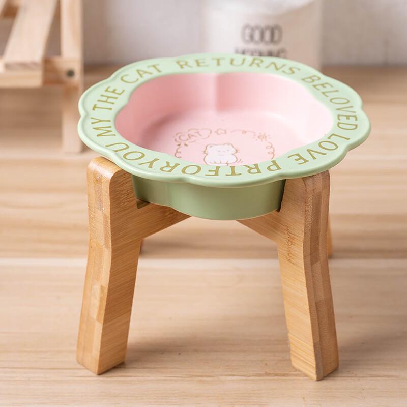 Anti-Black Chin Ceramic Pet Food Bowl with Elevated Wooden Stand