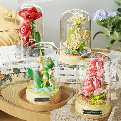 Building Blocks Music Box Clockwork Rotating Music Box Building Blocks Rose Lily of the Valley Puzzle Set Valentine's Day Gift