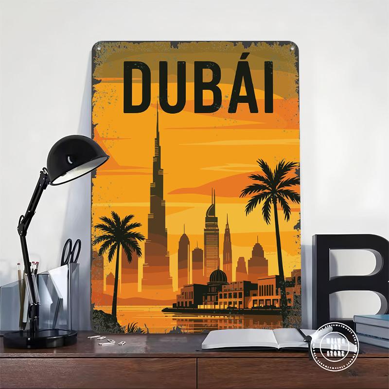 Dubai Skyline Travel Cityscape Tin Plaque Poster Customized Wall Art Retro Vintage Metal Signs for Man Cave Bathroom Decor Room
