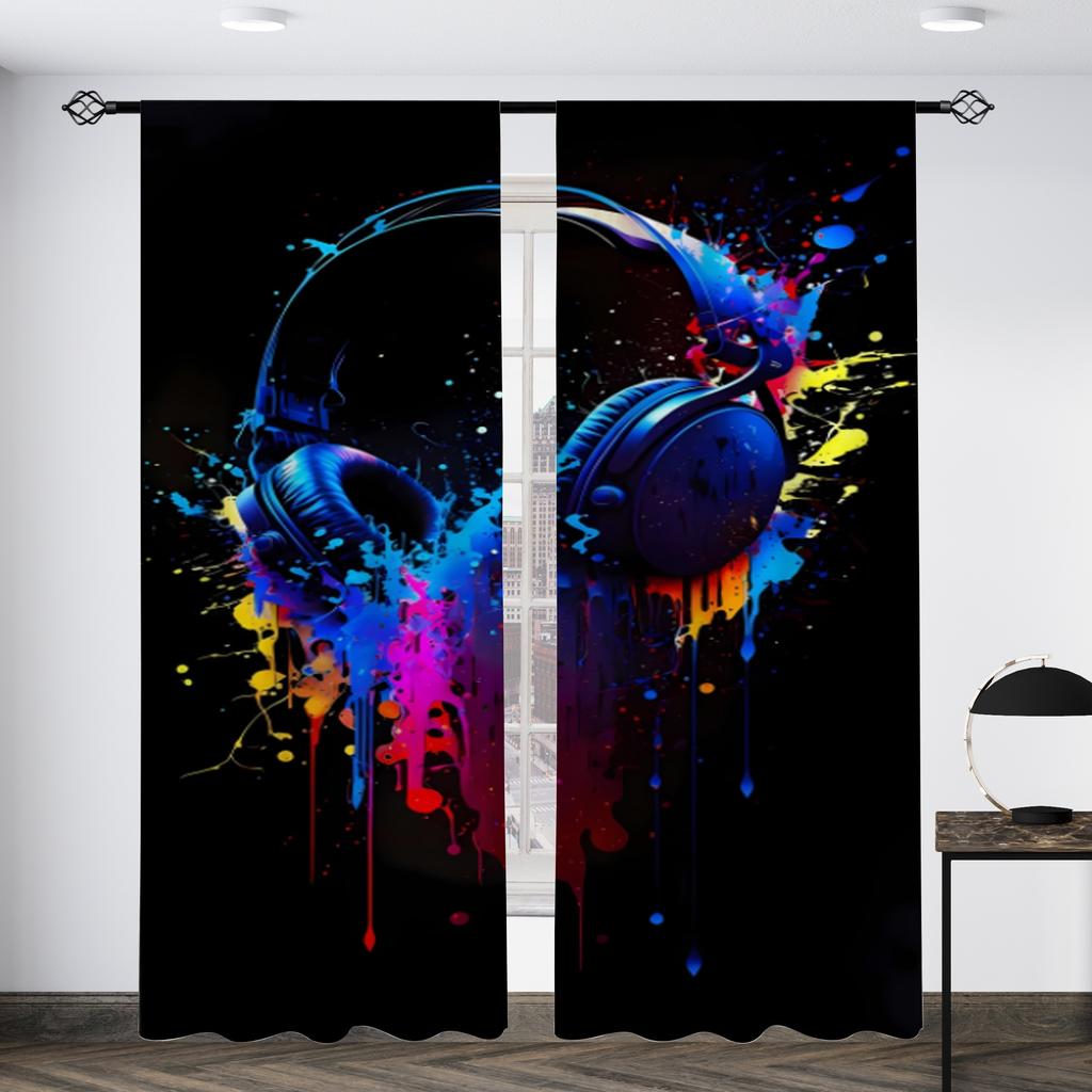 HD Digital Printed Drapes House Decoration Decor Living Area Room Bedroom Rod Pocket Style Pocket Curtains Black And White Gamepad Print Bed Chamber