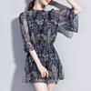 Summer Elegant Stand Collar Midi Dress Vintage Folk Printed Women's Clothing Commute Half Sleeve Spliced Waist A-Line Dresses
