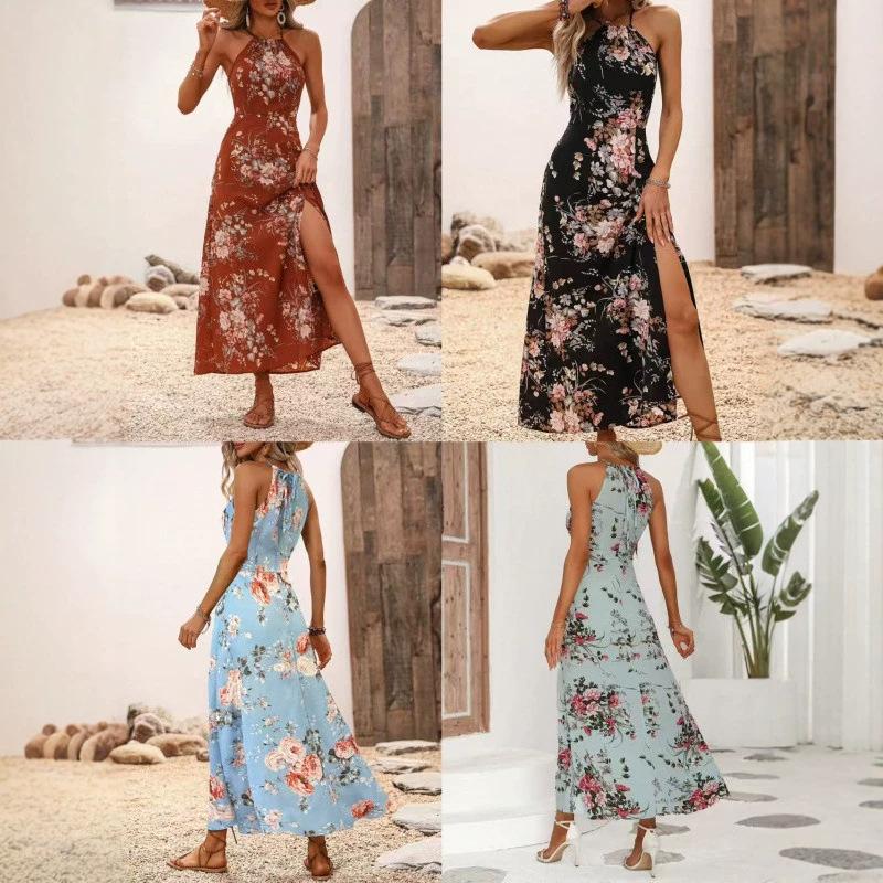 European and American summer new women's suspender print hem split waist dress