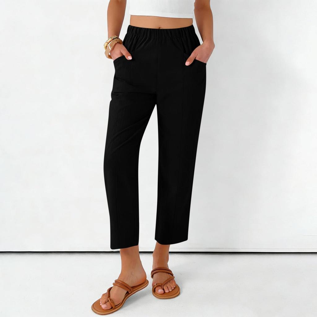 Women's Fashionable Loose-Fit Pocket Cotton-Linen Blend High-Waisted Wide-Leg Pants Casual Cropped Trousers