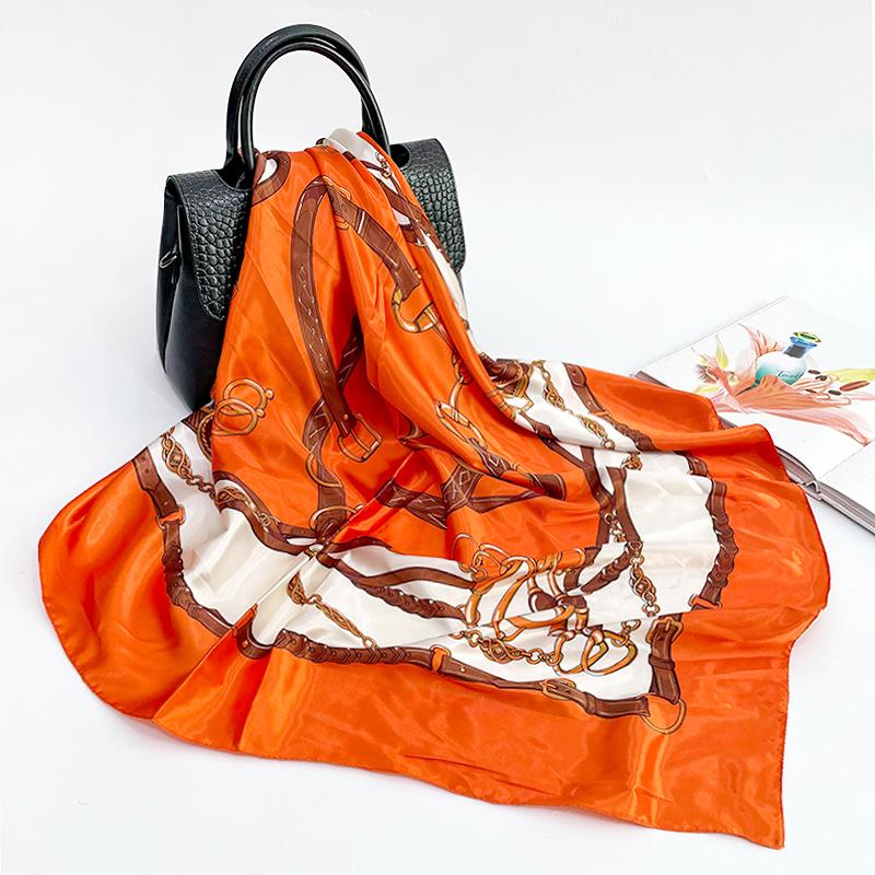 90cm Silk Satin Square Scarf - European & American Chain Print Headscarf Shawl
