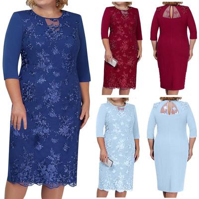 Vestido feminino plus size de renda, comprimento médio - design falso de duas peças e manga média para elegância