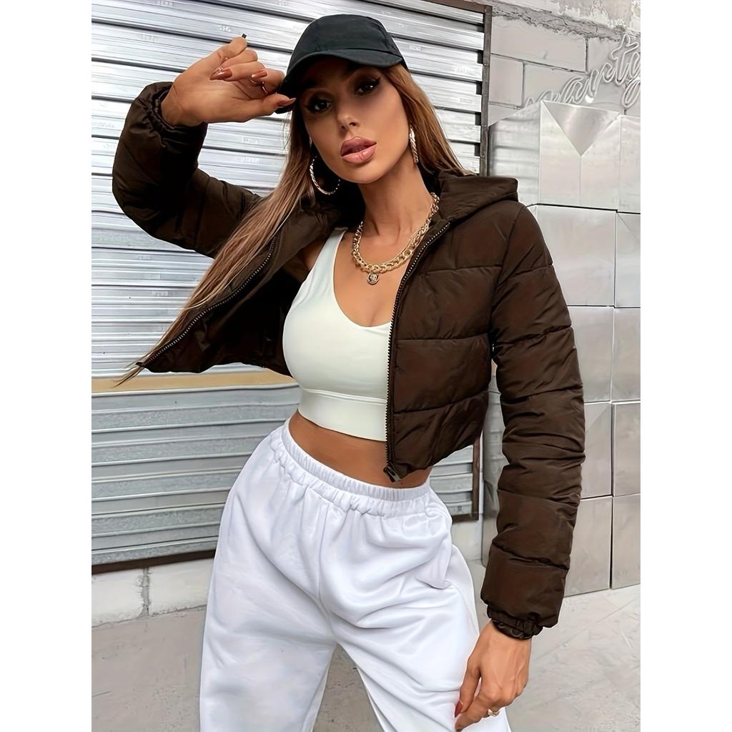 Winter Women's Fashion Hooded Short Puffer Jacket French Style Streetwear Cropped Padded Coat