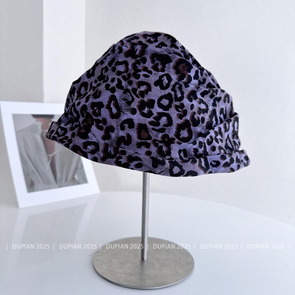 Niche Designer Leopard Print Pleated Bucket Hat Women's Spring Summer Retro Fashion Personalized Basin Hat Sun Bucket Hat