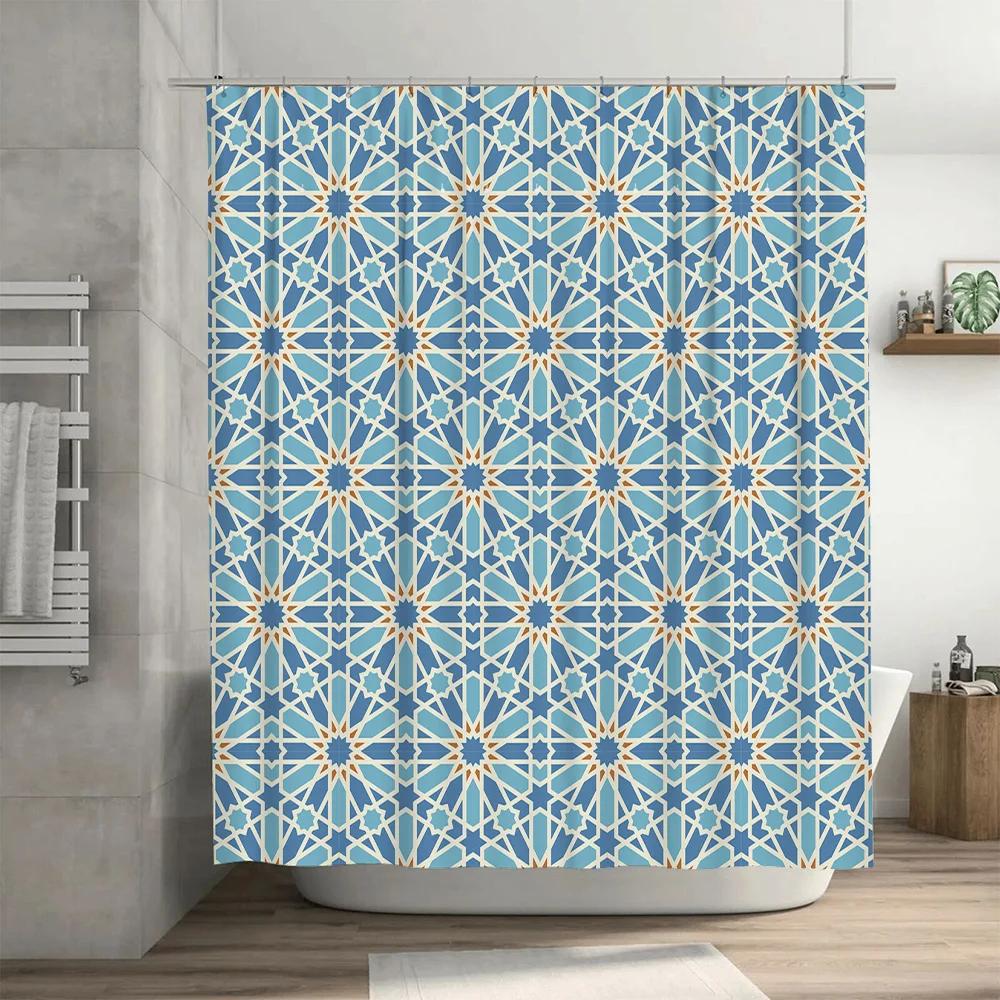 Modern Moroccan Tile Pattern Shower Curtain Blue White Geometric Design for Bathroom Decor Waterproof Fabric Shower Panel