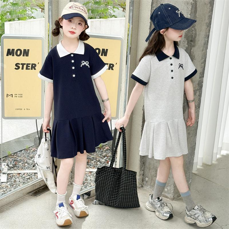 Girls' Short Sleeved Polo Shirt Dress Summer Dress 2026 New Style for Children, Middle-aged and Young Girls, Summer College Style