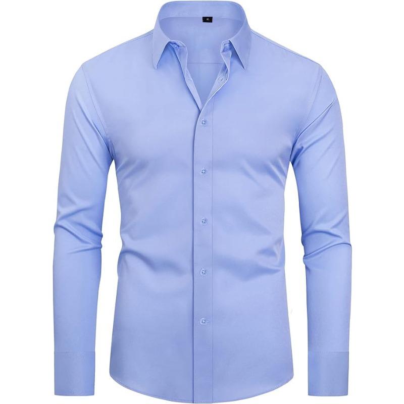 Men's Long Sleeve Solid Color Shirt, 4-Way Stretch, Natural Color Button, Slim Fit, Wrinkle Free, Business Casual Dress Shirt
