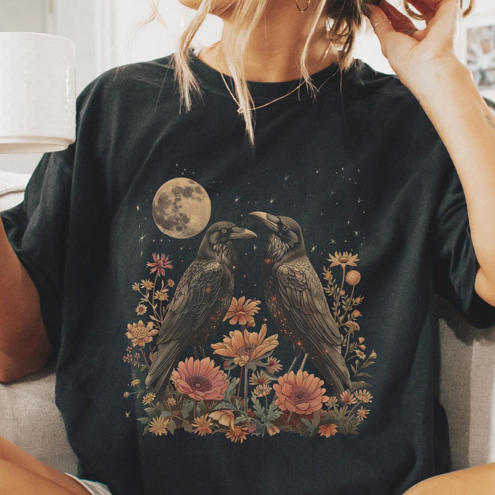 Mystical Raven Couple T-Shirt - Gothic Cottagecore Moon & Stars Tee M