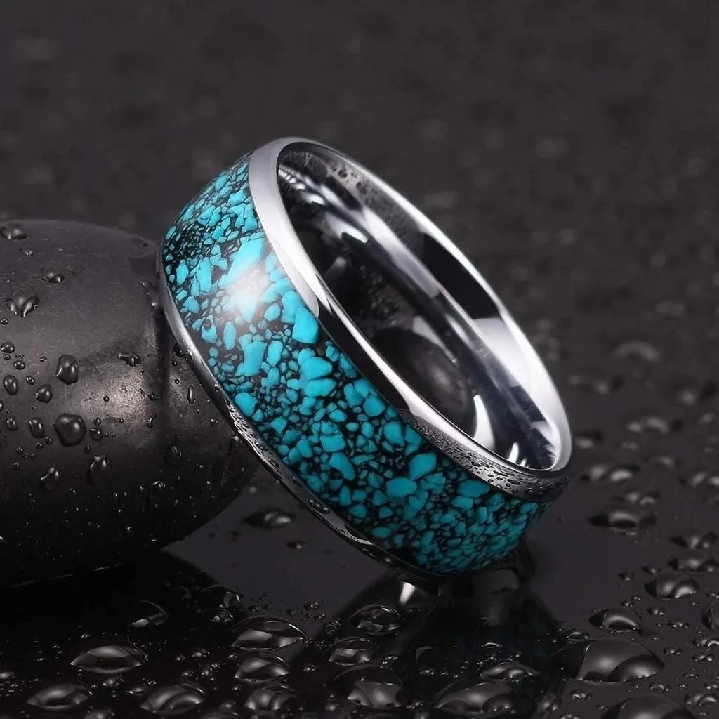 Fashion 8mm Men Stainless Steel Rings Inlay Blue Faux turquoise Stone Rings For Men Women Wedding Engagement Band Jewelry Gift