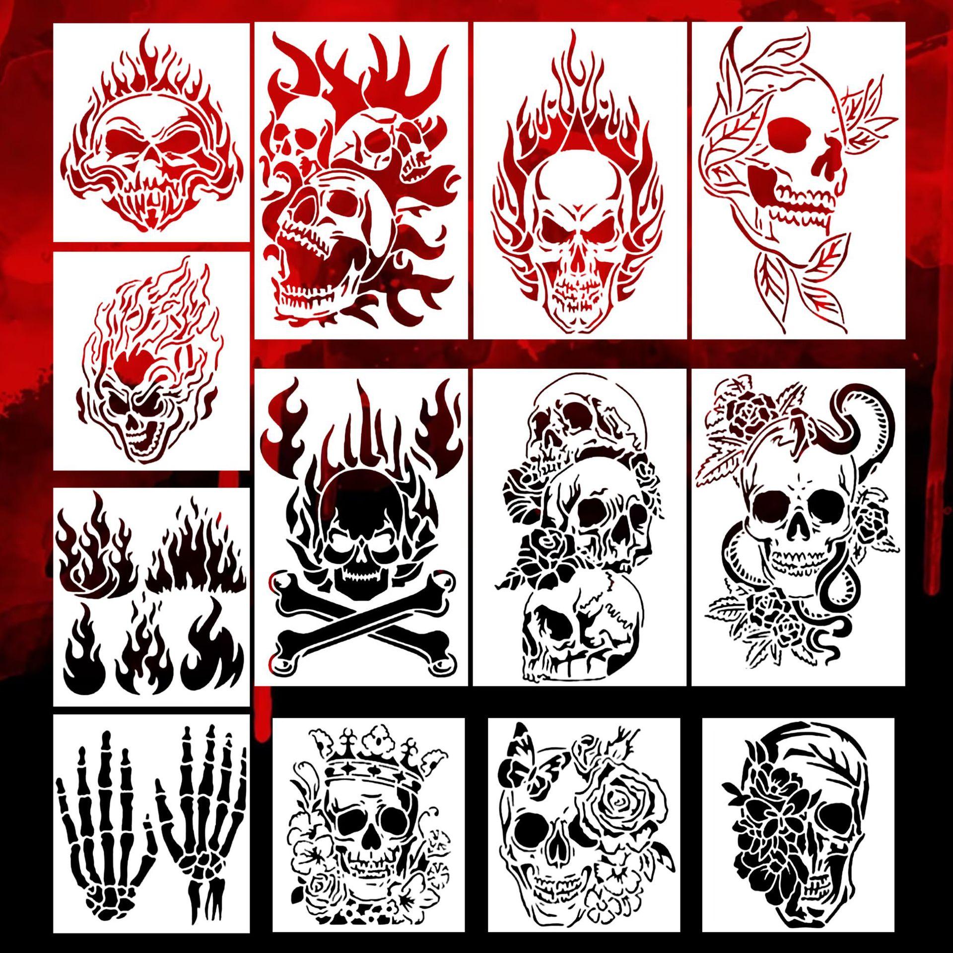 

Reusable PET Skull Stencils for Crafting 13-Design Hollow-Out Templates for DIY Canvas Art,and Custom Spray Paint Creations