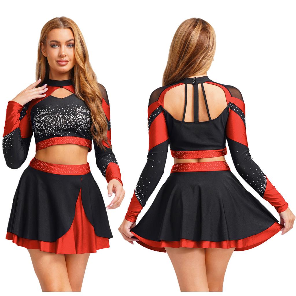 Комплект з 2 предметів для танців та чирлідингу для жінок S-XXL: Привабливий топ зі стразами та контрастна спідниця для сцени або Хелловіну
