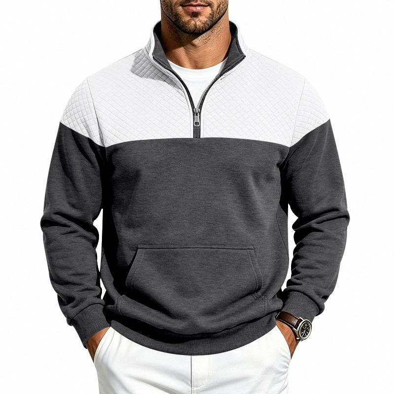 Men S Heavyweight Fleece Long Sleeve Stand Collar Sweatshirt Color Block Pockets