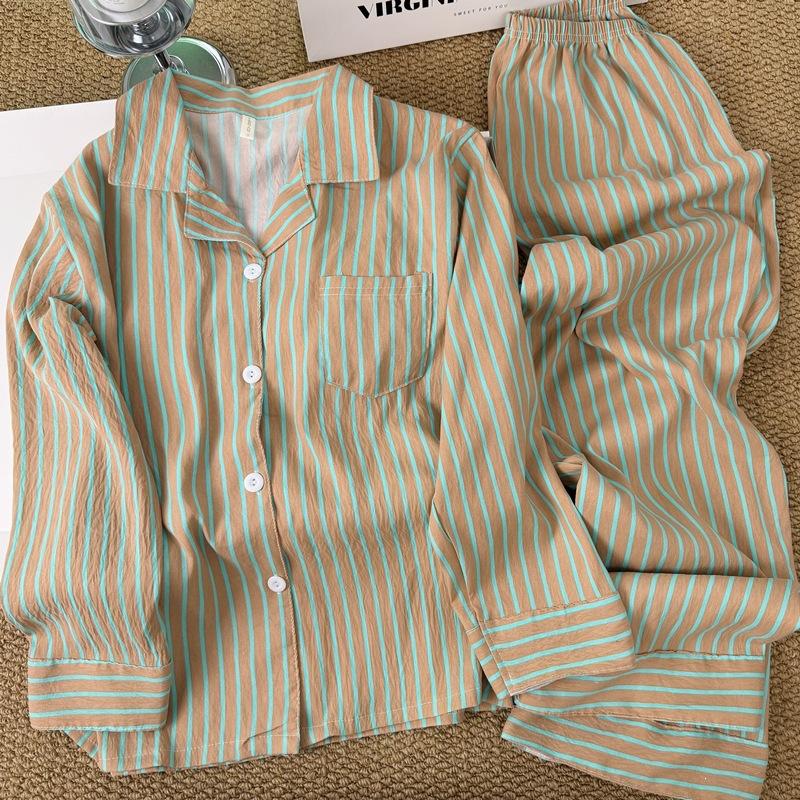 Korean Simple Contrasting Striped Pajamas Women's New Summer Loose and Lazy Long-sleeved Trousers Loungewear Two-piece Set