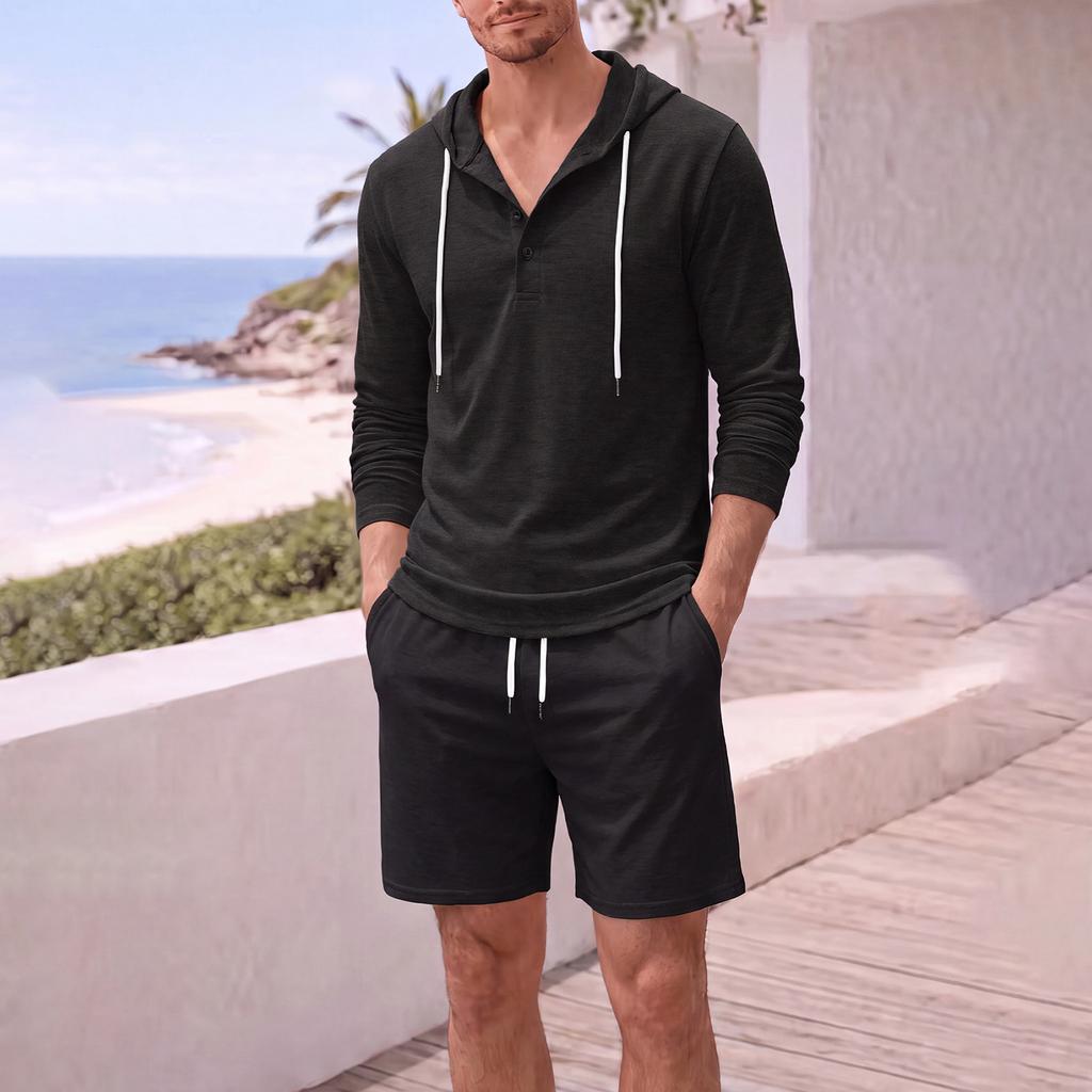 Men's Cotton Linen Hooded Long Sleeve Shirt and Shorts Set, Loose Fit Casual 2 Piece Outfit with Large Pockets for Spring and Fall