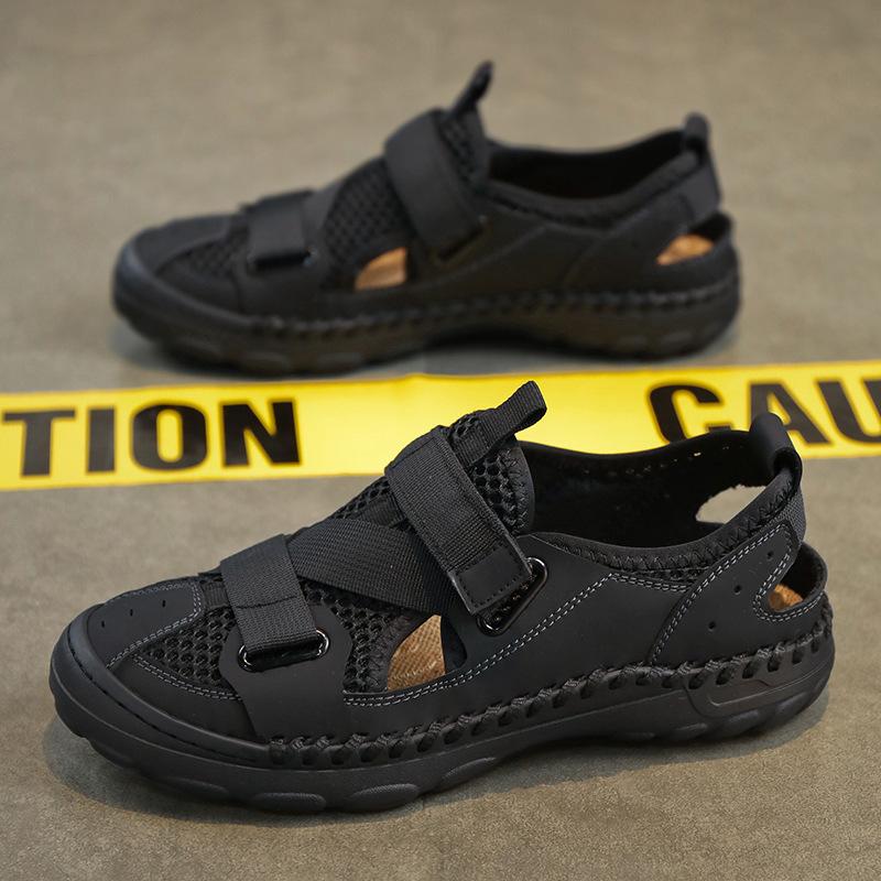 

Hand-stitched men s shoes outdoor casual shoes buckle flat-soled leather shoes summer low-top large-size cross-breathable mesh shoes men 38