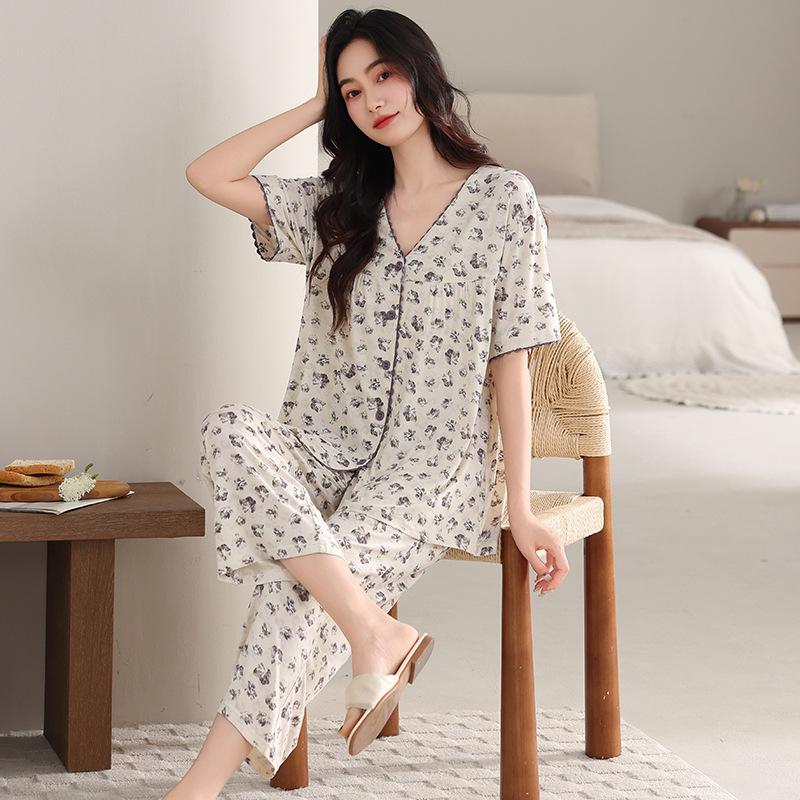 Pajamas women's summer Modal short-sleeved cropped pants thin summer new cotton silk can be worn outside plus size loungewear