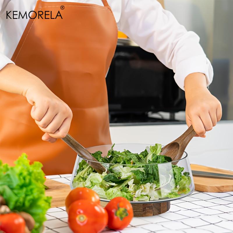 KEMORELA 1PCS Glass Salad Bowl Set with Wooden Base Large Hand-blown Glass Bowl Restaurant Essentials Fruit Salad Bowl