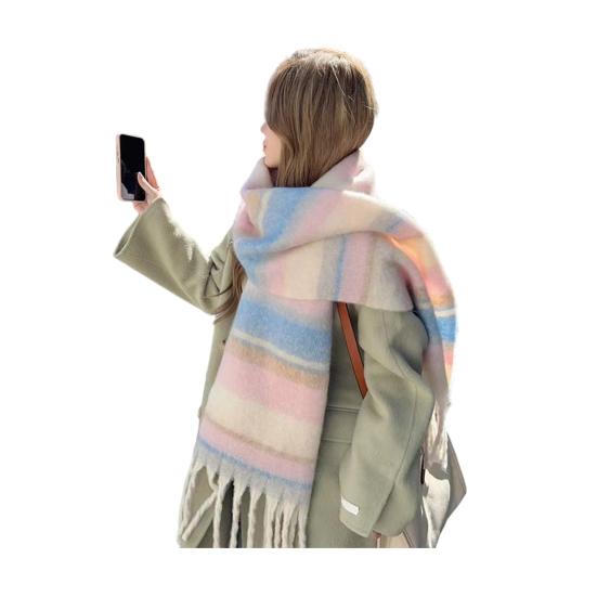 Winter Scarf Cashmere Feel Plush Scarf with Tassel Decoration Thickened Warm Plaid Pattern Winter Long Scarf