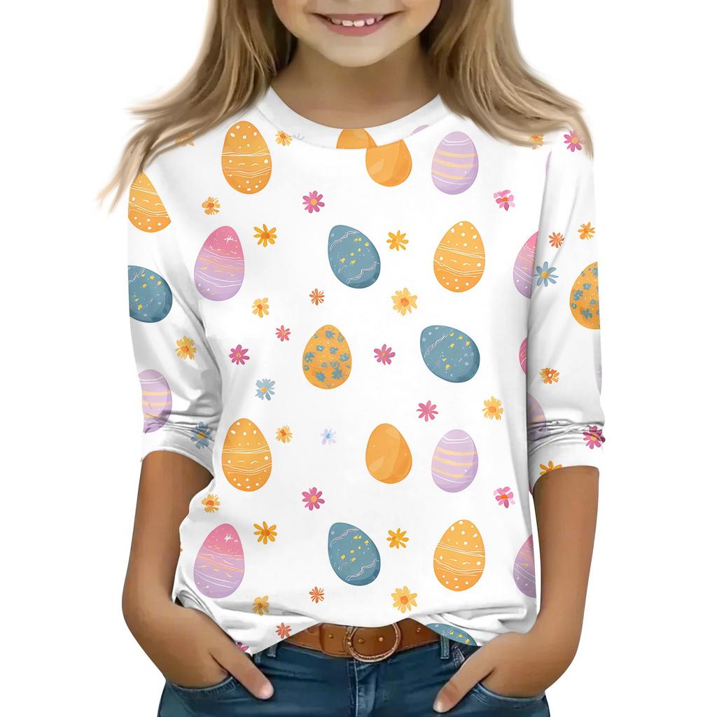 Children's 3/4 Sleeve Tops Casual Print T Shirt Round Neck Pullover Blouse