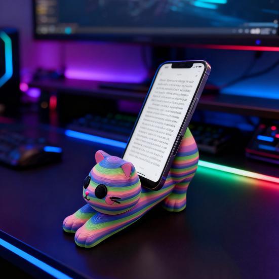 Niedlicher Katzen Handyhalter Multifunktionaler Desktop-Halter für Mobiltelefone Dekorativer PLA-Kunststoffständer für Streaming und Videoanrufe
