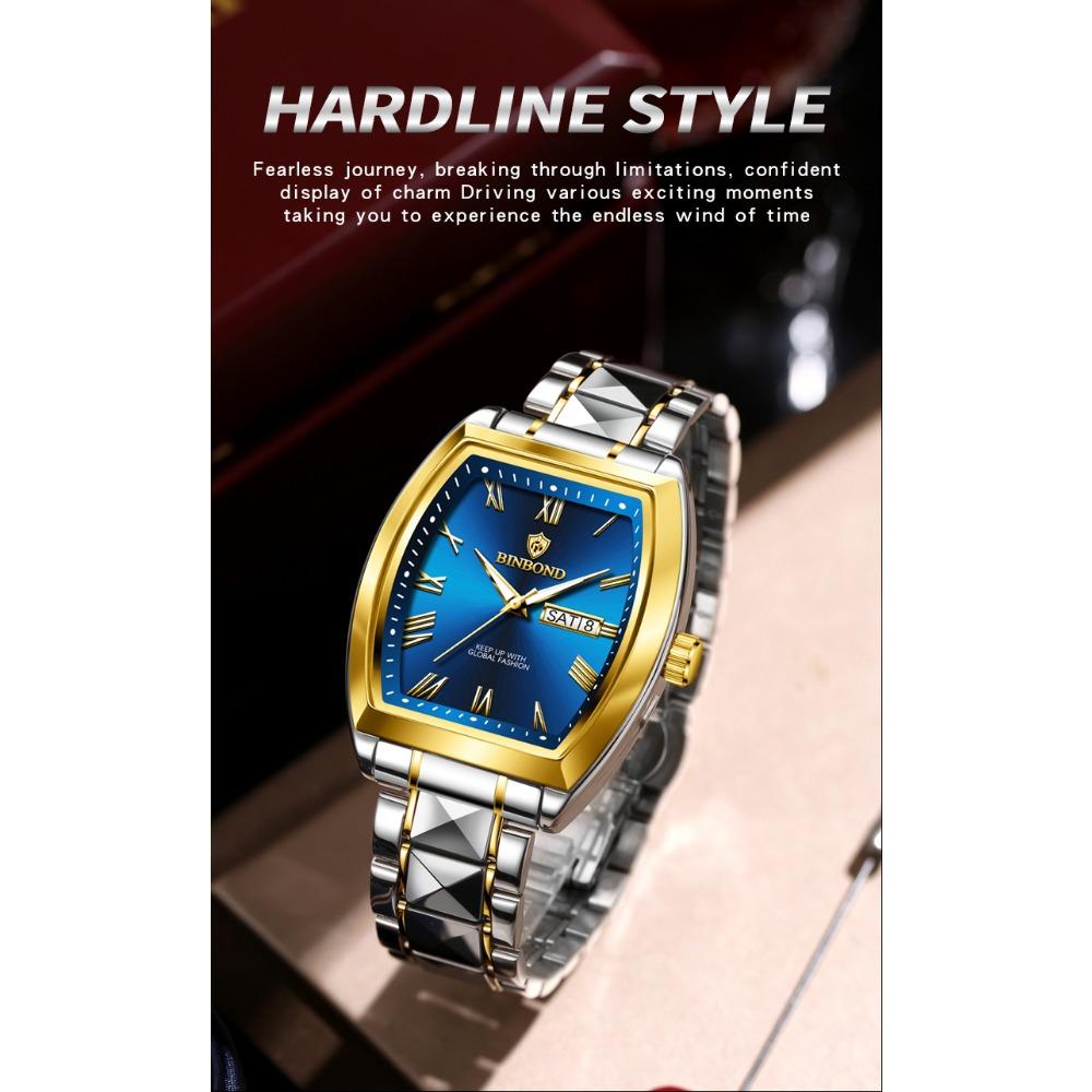 BINBOND B355 Stainless Steel Men Watch Top Quailty Luxury Push Button Hidden Clasp Waterproof Luminous Date Week Sport Men Watch