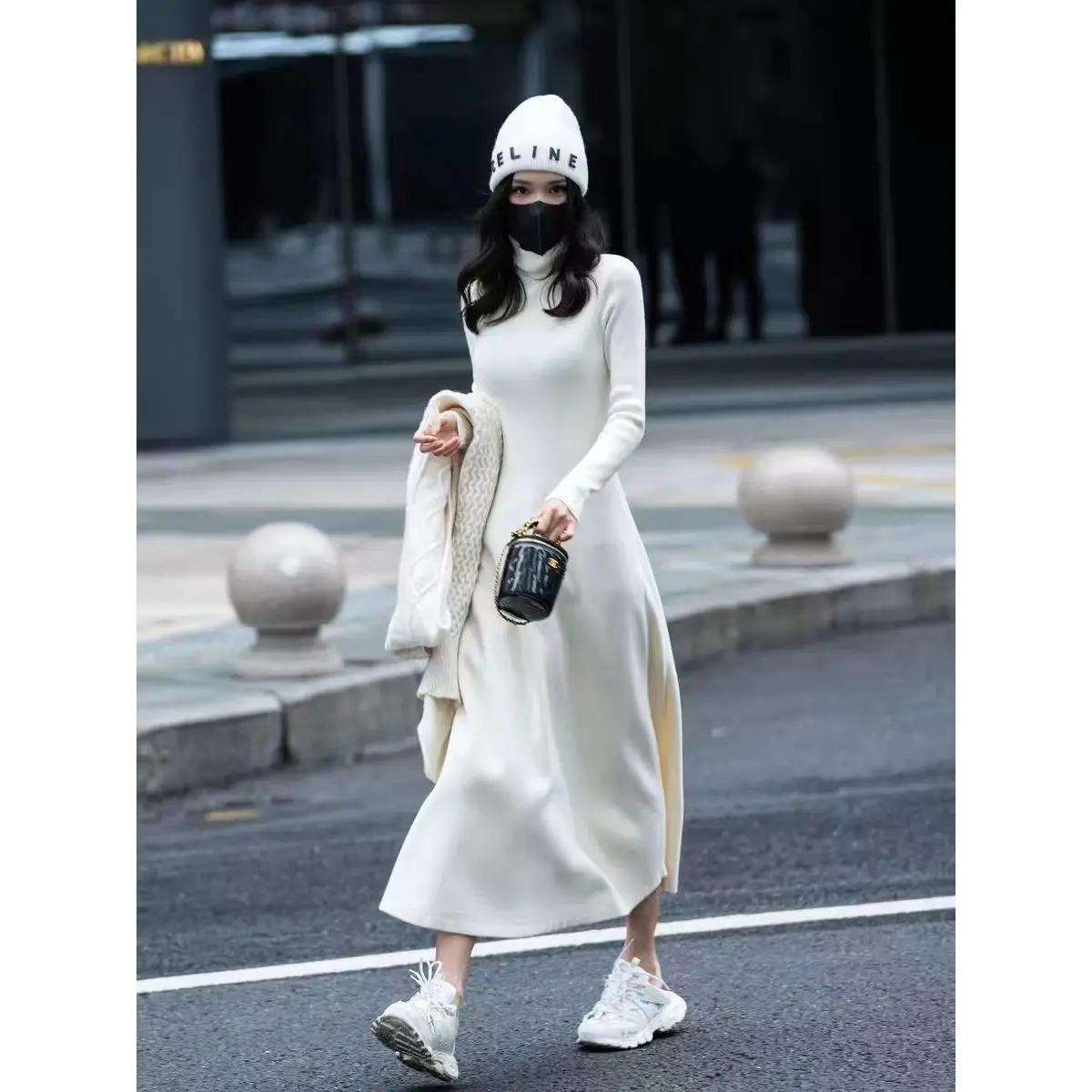 

Платье-свитер, пуловер, женское осенне-зимнее платье-свитер во французском стиле со знаменитостями, однотонное вязаное нижнее платье с высоким воротом для женщин One Size белый