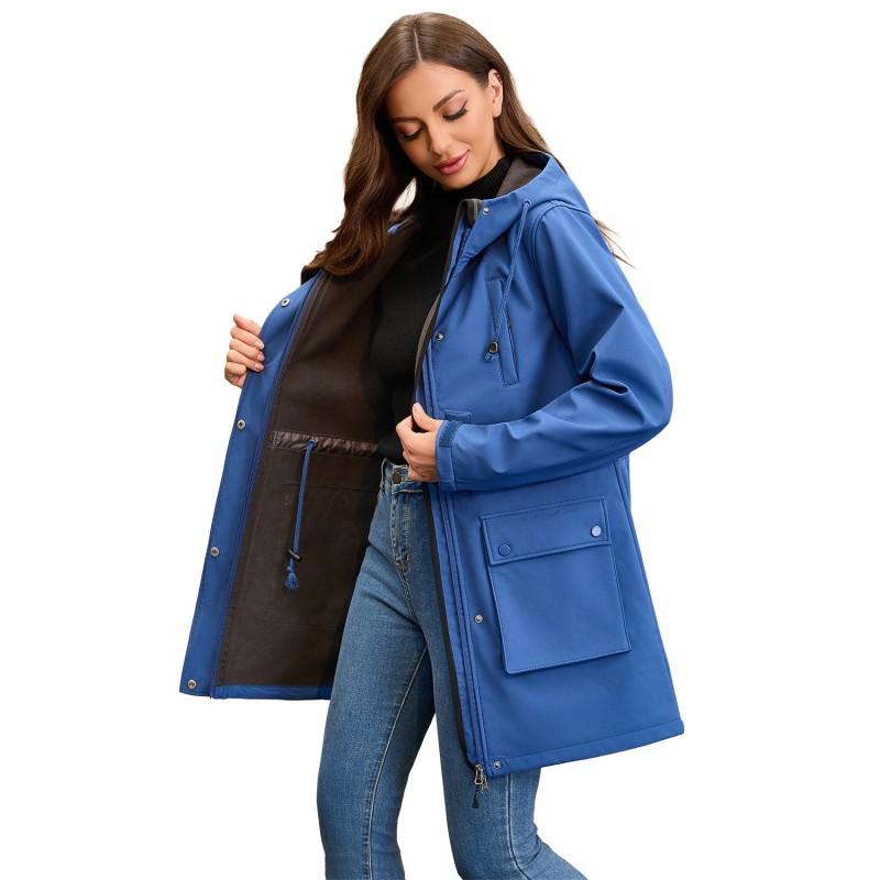 Womens Softshell Jacket With Hood Windproof Rain Resistant Outdoor Coat Long Sleeve Loose Fit Hiking Commuting Fall Winter