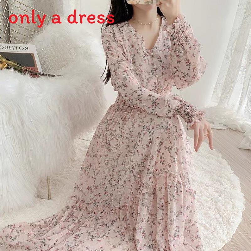 Floral Chiffon Midi Dress With High Waist And Ruffle Hem For Spring Casual Wear