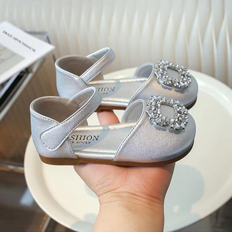 Rhinestone Square Buckle Princess Shoes Girl Summer Girls Sandals Toe-covered Anti-kick School Wedding Party Shoes Child I04163