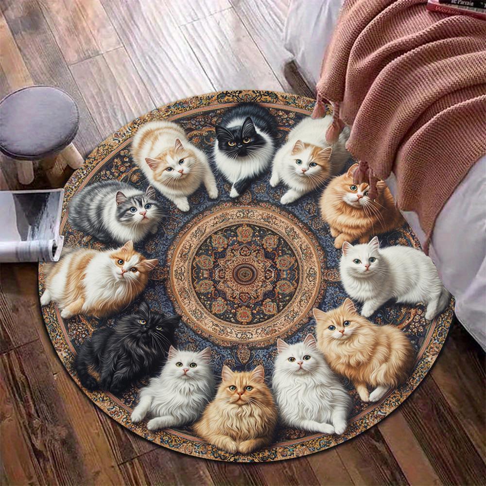 

VIKAMA Charming Kitten-Motif Vintage Round Rug Living Room, Study, Office Chair Round Mat Stylish Home Decor Rug 80x80cm