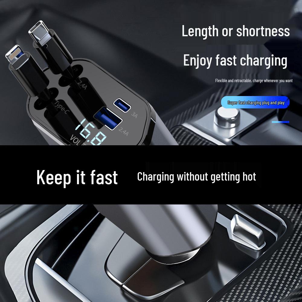 120W Super Fast Car Charger: Flash Charge, Retractable Cable, 4-in-1 Cigarette Lighter.