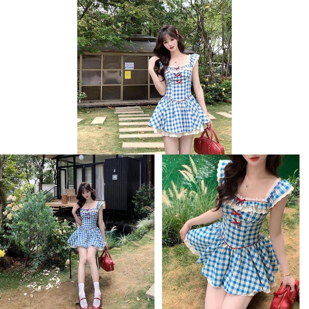 French Vintage Blue Plaid Short Dress With Bow Pattern For Summer Fashion Womens Casual Wear